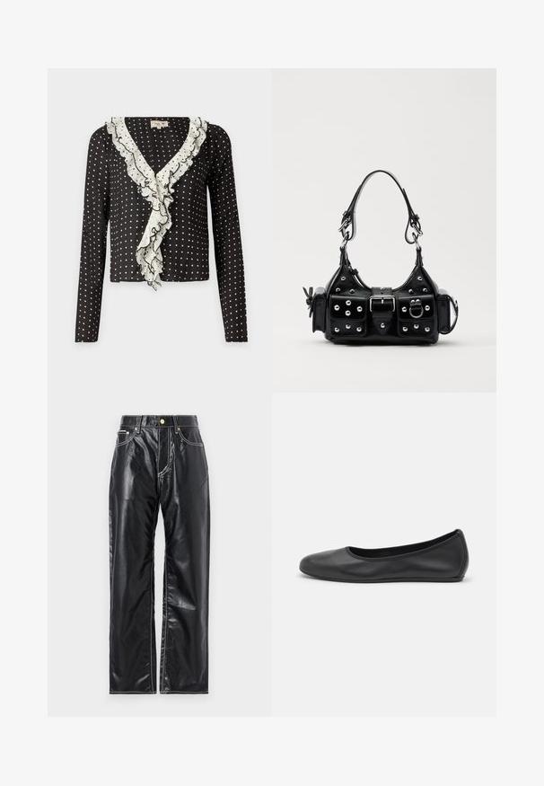 Black long-sleeve top with white polka dots and a ruffled V-neckline trimmed in white, featuring a soft, textured fabric.; Black faux leather pants with a wide-leg cut, featuring white stitching, front pockets, and a gold button at the waistband.; Black leather ballet flat with a rounded toe, smooth texture, minimal stitching detail, and a flexible sole design.; Black leather handbag with a curved design, featuring silver studs, a buckle, and two side pockets. Adjustable strap for carrying options.