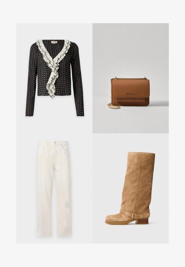 Černý dlouhý rukáv top s bílými puntíky a volánkovým výstřihem do V obšitým bílou, vyrobený z měkké, texturované tkaniny.; Krémové džínové kalhoty rovného střihu s pěti kapsami, poutky na opasek a zapínáním na knoflík a zip v pase.; Hnědá semišová kotníková bota se zakulacenou špičkou a nízkým klínovým podpatkem, s nastavitelným popruhem se zlatou sponou kolem kotníku.; Hnědá texturovaná kožená kabelka přes rameno se zlatým řetízkovým popruhem a klopnovým uzavíráním. Přední strana obsahuje detail loga a kapsu pod klopou.