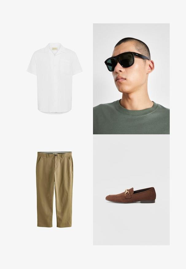 Balta krekla ar īsām piedurknēm, izgatavota no viegla auduma, ar vienu krūšu kabatu un brīvu piegriezumu.; Kaki chinos no kokvilnas auduma, ar divām sānu kabatām, pogu aizdari, taisnām kājām un gludu tekstūru.; Brūni zamšādas loafers ar zelta toņa aparatūras akcentu, mandeļu formas purngaliem un zemu papēdi. Satur šuvju detaļas uz augšdaļas.; Melni taisnstūra saulesbrilles ar tumšiem stikliem, ar izteiksmīgu formu un zīmolu uz tempļa. Valkā cilvēks zaļā krekla.