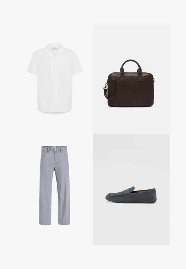 Srajca s kratkimi rokavi v beli barvi, izdelana iz lahkega materiala, s posamezno žepom na prsih in zasnovo sproščenega kroja.; Svetlo modri kavbojki s sproščenim krojem, naravnost oblikovani nogi, vidnimi šivi, dvema sprednjima žepoma in gumbnim zapiranjem.; Sive perforirane loferice z običajnim zapiranjem, ki imajo oranžen akcent, okroglo konico in teksturiran gumijast podplat.; Rjava usnjena torba za prenosni računalnik z teksturirano površino, dvema zgornjima ročajema, nastavljivim trakom in dvema sprednjima sponkama za dodatne podrobnosti.