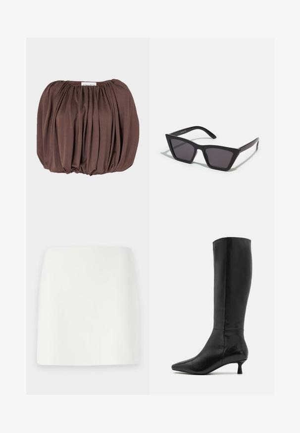 Brązowa bluzka z bufkami, wykonana z miękkiego materiału, z plisowanym wzorem, z marszczonym dekoltem i zaokrąglonym dołem.; Biała, dopasowana mini spódnica o gładkiej fakturze i prostych liniach. Brak widocznych wzorów i akcesoriów. Prosty dół.; Zign - Kozaki; Czarne, kanciaste okulary przeciwsłoneczne z szarymi soczewkami; wykonane z plastiku, z grubymi zausznikami o gładkiej powierzchni i bez widocznych elementów metalowych.; Złota metaliczna kopertówka o gładkiej teksturze, z trójkątnym zapięciem na klapkę. Ręka trzymająca torbę ma starannie wypielęgnowane paznokcie.