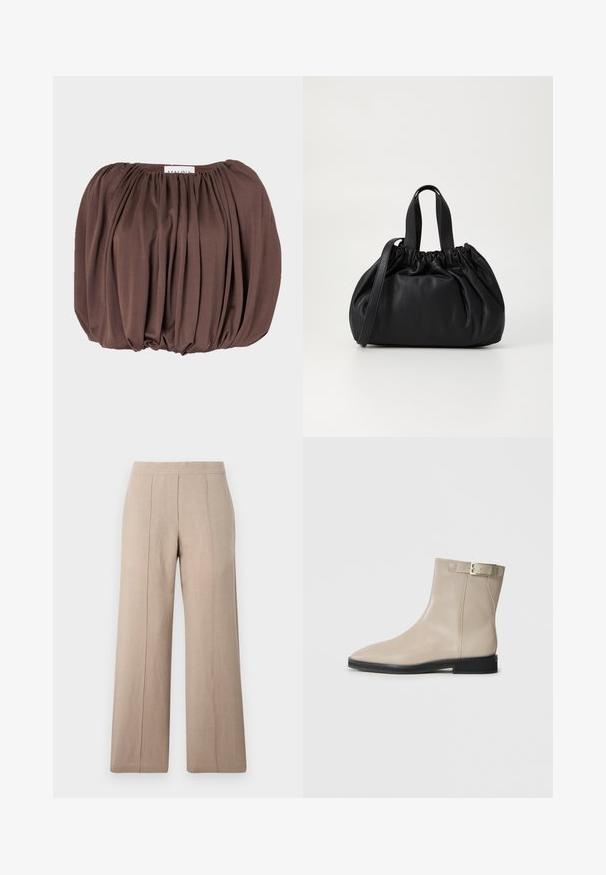 Top castanho de mangas bufantes feito de um tecido suave com design pregueado, apresentando um decote franzido e uma barra arredondada.; Calças de perna larga bege, feitas de tecido leve, com pregas frontais, uma cintura lisa e um corte reto com bainhas limpas.; Bota de tornozelo em couro bege com bico fino, sola preta, salto baixo e faixa com fivela dourada no lado externo, apresentada sobre fundo branco.; Bolsa de couro preta com um design de topo franzido, apresentando duas alças curtas e uma alça longa ajustável. Textura suave, formato arredondado.