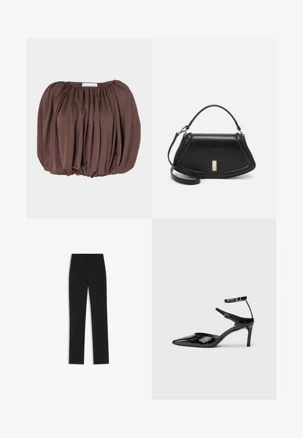 Brown puff-sleeve top made of soft fabric with pleated design, featuring a gathered neckline and rounded hem.; Black tailored trousers with a straight-leg design, featuring front pockets and a smooth, textured fabric. Neat, minimal detailing.; Black patent leather heels with a pointed toe, adjustable ankle straps, and a slender heel. Smooth texture with a shiny finish.; Black leather handbag with a structured design, featuring a cropped shape, top handle, and gold hardware accent. Adjustable shoulder strap included.
