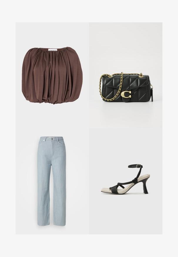 Top marrone con maniche a palloncino realizzato in morbido tessuto con design plissettato, caratterizzato da un collo arricciato e un orlo arrotondato.; Jeans dritti blu chiaro in denim. Presentano cinque tasche, una chiusura con bottone in metallo e leggere sfumature per aggiungere texture.; Sandal con tacco nero e design con cinturino intrecciato, punta quadrata e cinturino alla caviglia regolabile. Soletta beige chiaro con tacco nero lucido.; Borsa a tracolla in pelle nera trapuntata con una catena dorata e un fermaglio a scatto con un accento circolare. Forma rettangolare compatta.