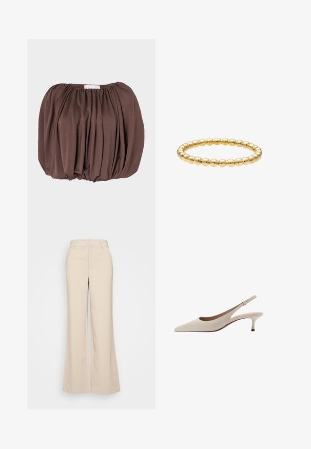 Bruine top met pofmouwen gemaakt van zachte stof met een geplooid ontwerp, met een gerimpelde halslijn en een afgeronde onderrand.; Beige wijduitlopende broek met een gladde textuur, voorzien van een hoge tailleband en twee voorzakken. Schoon ontwerp met een getailleerde pasvorm.; Beige slingback hakken met een puntige neus en een lage, uitlopende hak. Gemaakt van glad leer met een minimalistisch ontwerp en een verstelbare band.; Gouden ring met kralen, met een cirkelvormig ontwerp en gelijkmatig verdeeld glanzende ronde kralen, die een gladde, gestructureerde uitstraling creëren.