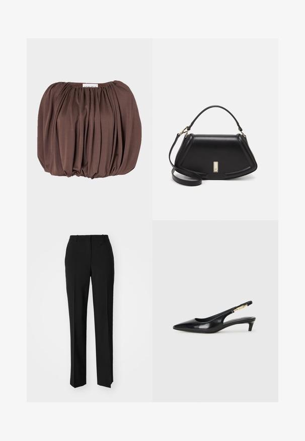Brun puff-sleeve top lavet af blødt stof med plisseret design, der har en samlet halsudskæring og afrundet kant.; Sorte skræddersyede bukser med lige ben-design, der har en glat tekstur og skarpe folder langs fronten. Ingen synlige hardware.; Sorte læder slingback hæle med spids tå, der har en slank hæl og en guldfarvet detalje på den justerbare rem. Glat tekstur.; Sort læderhåndtaske med en struktureret design, der har en kortet form, tophåndtag og guld hardware-accenter. Justerbar skulderrem inkluderet.
