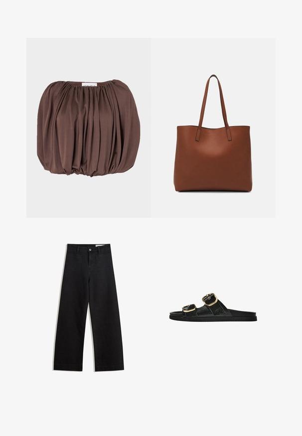 Bruine top met pofmouwen gemaakt van zachte stof met een geplooid ontwerp, met een gerimpelde halslijn en een afgeronde onderrand.; Zwarte denim broek met wijde pijpen en een hoge taille, voorzien van voor- en achterzakken, gestikte naden en een knoopsluiting. Gladde textuur.; Zwarte slipper met twee gouden gesps, gladde textuur, platte zool en een minimalistisch ontwerp.; Bruine leren tote bag met een gladde textuur, een ontwerp met een open bovenkant en twee schouderbanden. Kenmerkt zich door minimale stiksels en geen zichtbare hardware.