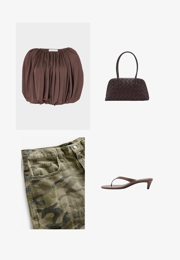 Brauner Bluse mit Puffärmeln aus weichem Stoff mit Faltenmuster, ausgestattet mit einem gerafften Halsausschnitt und abgerundetem Saum.; Next Jeans Shorts - camo print; Braune, mit Absatz versehene Flip-Flop-Sandale mit einem schmalen Riemen und abgerundetem Zehensteg, der ein kleines goldfarbenes Akzent auf dem Fußbett aufweist.; Geflochtene braune Ledertasche mit runder Form, doppeltem oberen Griff und glatter Textur; verfügt über subtile Nähte als Designdetail.