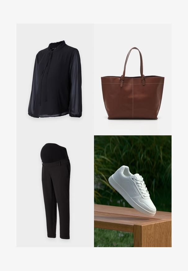Mustmust särg kõrge volangkraega, pikkade läikivate varrukatega ja ette seotud nööridega. Sile tekstuur, veidi lõdva istuvusega ja ümmarguse puhvis servaga.; Mustad rasedus püksid mustas värvitoonis, millel on kõrge elastne vöökoht ja kitsenev jala disain. Kangas on sileda tekstuuriga, kerge läikega.; Valged sneakerd, millel on sile sünteetiline ülemine osa, väikeste aukudega varvaskast, lamedad paelad ja tekstuuriga tald, eksponeeritud puidust pinnal.; Pruun nahast käekott kahekordsete käepidemetega, millel on kontrastõmblused ja avar disain, sobib igapäevaseks kasutamiseks.