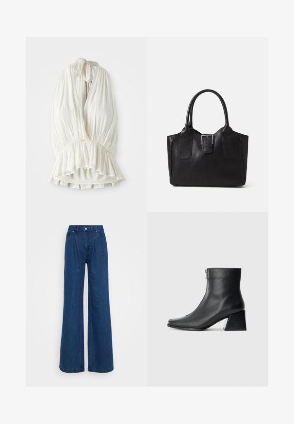 Lys elfenben halter topp laget av myk stoff, med en plisserte design og en innsamlet midje for en utsvingt kant. Knutes i nakken.; Bredde ben jeans i blå denim med høy midje, frontlås med knapp og glidelås, samt front- og baklommer mot en ensfarget bakgrunn.; Sorte skinnankelsko med firkantet tå, glidelås på siden og blokkhæl mot en vanlig lys bakgrunn.; Svart skinn toteveske med jevn tekstur, strukturert form, to håndtak og en fremtredende sølvspenne foran.