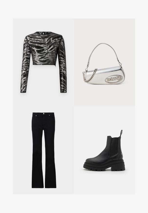 Black long-sleeve crop top with a textured, metallic silver pattern and a round neckline, featuring a back zip closure.; Black flared jeans made of denim, featuring two front pockets, a button closure, and a smooth texture. Signature stitching visible at seams.; Black chelsea boots made of smooth leather with elastic side panels, a thick, ridged rubber sole, and a pull tab at the back.; Silver metallic handbag with a rounded triangular shape, featuring a logo, chain strap, and smooth texture. Zipper closure on the side.