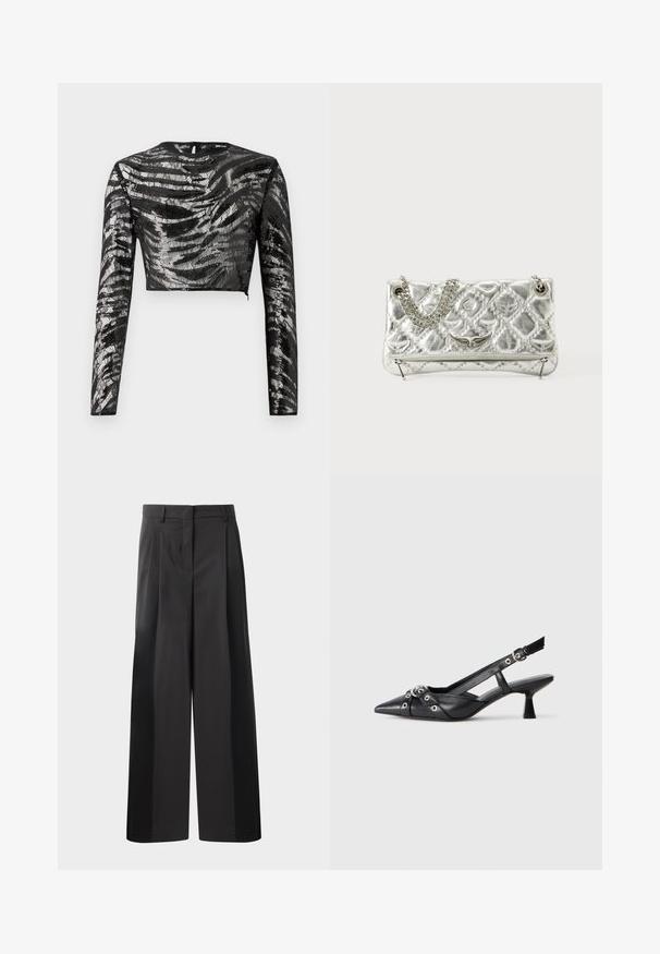 Fekete hosszú ujjú crop top, texturált, fémes ezüst mintázattal és kerek nyakkivágással, hátul cipzáros záródással.; Fekete, bő szárú nadrág magas derékkal, elöl plissékkel, sima felülettel és igényes kidolgozással. Kényelmes viseletre tervezve.; Fekete bőr slingback cipő hegyes orral, dekoratív pántokkal, fém szemekkel és alacsony blokk sarkú. Texturált felület.; Ezüst színű fémes kézitáska lánckarral, steppelt textúrával, díszített varrással és cipzáros záródással. A fonákján domború részletek találhatók.
