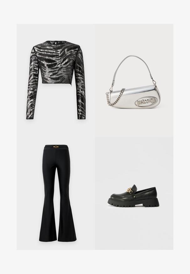 Svart langermet crop topp med et strukturert, metallisk sølvmønster og rund hals, med glidelås bak.; Sorte flagrende bukser med en glat tekstur, der har en tætsiddende talje og en gylden cirkulær accent foran. Lavet af strækbart materiale.; Svart lær loafers med en tykk, teksturert gummisåle. Har en gullkjede-accent over vampen og en rund tådesign.; Sølv metallisk håndveske med en rundet trekantform, preget av en logo, kjedehåndtak og glatt tekstur. Glidelåslukking på siden.