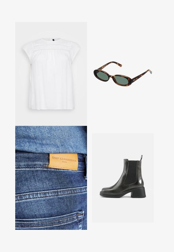 Blusa bianca con maniche corte a sbuffo, caratterizzata da una delicata rifinitura in pizzo lungo il colletto e il busto, realizzata in tessuto leggero.; Camicia bianca a maniche lunghe con scollatura ampia, realizzata in materiale morbido e liscio. Presenta un design aderente e un orlo corto.; Jeans in denim blu con un'etichetta in pelle marrone che riporta la dicitura "ONLY CARMKOMA Denim", con cuciture visibili e un dettaglio della tasca laterale.; Stivali alla caviglia in pelle nera con una finitura liscia, pannelli laterali elastici e un tacco robusto. Presentano una linguetta per facilitare l'inserimento.; Occhiali da sole tartarugati con montatura ovale e lenti verdi. Presentano aste sottili con un accento metallico vicino alle cerniere.; Orecchini in metallo argento con un design ondulato e scultoreo, caratterizzati da una finitura lucida e forme irregolari, che evidenziano un'estetica contemporanea.