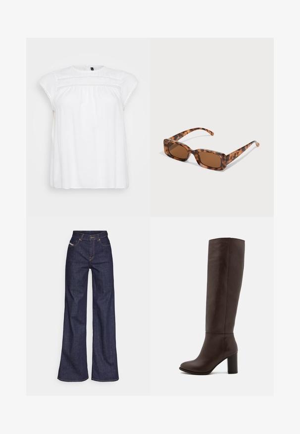 Weiße Bluse mit kurzen Capärmeln, mit zarter Spitzenverzierung am Ausschnitt und Bust, aus leichtem Stoff gefertigt.; Dunkelblaue weite Jeans aus Denimstoff mit hoher Taille, ausgestattet mit orangefarbenen Nähten, fünf Taschen und einem Knopfverschluss.; Braune Lederstiefel bis zum Knie mit Blockabsatz, glatter Textur, runder Spitze und minimalen Nahtdetails.; Schildpattsonnenbrille mit rechteckigen, braunen Gläsern, einem dicken Rahmen und schmalen Bügeln, die ein Muster aus verschiedenen Brauntönen aufweisen.; Silberne Creolen mit einer glatten, polierten Oberfläche. Runder Form und sicherem Klickverschluss. Leichtes Design, geeignet für den täglichen Gebrauch.
