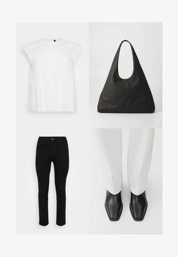 Blusa bianca con maniche corte a sbuffo, caratterizzata da una delicata rifinitura in pizzo lungo il colletto e il busto, realizzata in tessuto leggero.; Jeans in denim nero con vestibilità slim, design a cinque tasche, chiusura anteriore a bottone e leggero stretch per un maggiore comfort. Texture piatta e liscia con dettagli minimi.; Stivaletti neri in pelle con punta affusolata e tacco basso a blocco, abbinati a pantaloni bianchi a gamba larga. Texture liscia, design elegante.; Borsa a tracolla in pelle nera con manico curvo, forma triangolare allungata e superficie liscia. Presenta un design minimalista senza hardware visibile.; Orecchini in metallo argento con un design ondulato e scultoreo, caratterizzati da una finitura lucida e forme irregolari, che evidenziano un'estetica contemporanea.