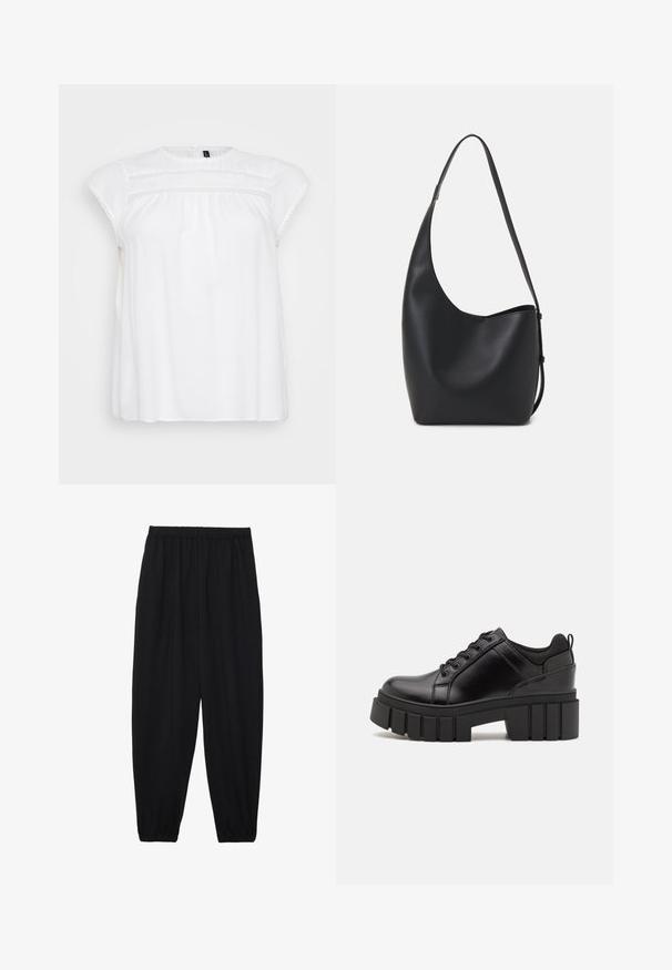 Chemisier blanc avec de courtes manches en cap, orné de délicates bordures en dentelle autour de l'encolure et de la poitrine, fabriqué en tissu léger.; Pantalons noirs légers avec une taille élastique et des chevilles froncées. Le tissu est lisse et présente un design décontracté et fuselé.; Chaussures à plateforme en cuir noir avec un talon bloc épais, bout rond et un design traditionnel à lacets. Elles présentent une texture lisse et un détail minimal.; Sac hobo en cuir noir avec une texture lisse, une forme incurvée et une seule sangle réglable ; dispose d'une large ouverture en haut.