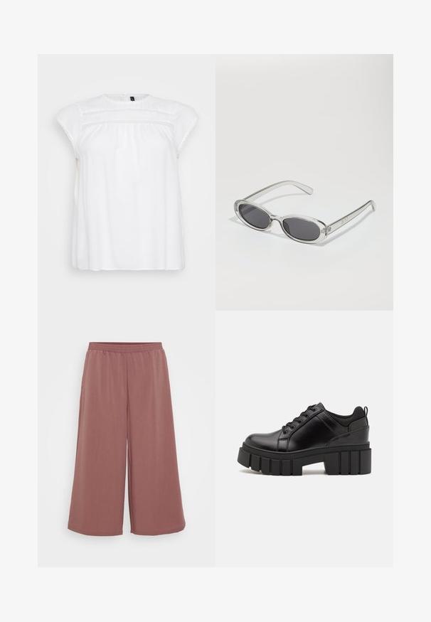 Fehér blúz rövid, kis ujjú fazonnal, finom csipke díszítéssel a nyakrészen és a mellen, könnyű anyagból készült.; Széles szárú nadrág puha, textúrált anyagból, rugalmas derékkal. Színe tompa rózsaszín, mely kiemeli az áramló dizájnt.; Fekete bőr platform cipők vaskos blokk sarkakkal, kerek orral és hagyományos fűzős kialakítással. Simára csiszolt felület és minimális részletezés jellemzi.; Ovális formájú napszemüveg, átlátszó műanyag keret, sötétszürke lencsék és vékony, átlátszó szárak, logóakkcentussal és minimális díszítéssel.; Fekete bőrtáska ívelt formával, levehető pánttal és arany színű fémrészekkel. A táskán egy csattal díszített fedél található.