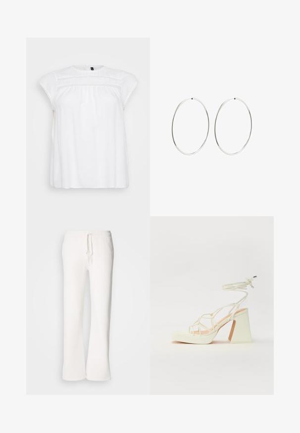 Weiße Bluse mit kurzen Capärmeln, mit zarter Spitzenverzierung am Ausschnitt und Bust, aus leichtem Stoff gefertigt.; Weiße, locker sitzende Schlafanzughosen aus weichem Material, mit einem elastischen Bund und Kordelzug sowie geradem Bein.; Weiße High-Heel-Sandale mit einem klobigen Absatz, die über ein Riemchendesign und ein Knöchelband verfügt. Glatte Textur mit einer Plattform vorne für zusätzliche Höhe.; Silberne Creolen mit einem glatten, runden Design und einer polierten Oberfläche. Sie sind dünn und leicht und verfügen über einen einfachen Verschluss.