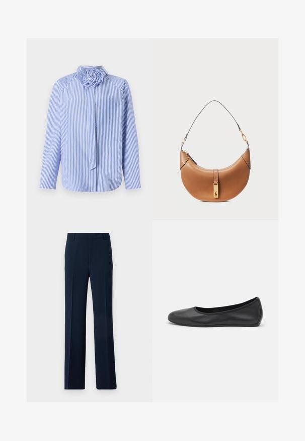 Blue and white striped blouse with a rose-shaped collar, long sleeves, button closure, and a relaxed fit. Cotton blend fabric, smooth texture.; Navy blue trousers made of smooth fabric, featuring a straight leg design with front pleats and side pockets for a tailored look.; Black leather ballet flat with a rounded toe, smooth texture, minimal stitching detail, and a flexible sole design.; Tan leather handbag with a curved shape, gold hardware, and a thin shoulder strap. Features a zipper closure and logo detail on the front.