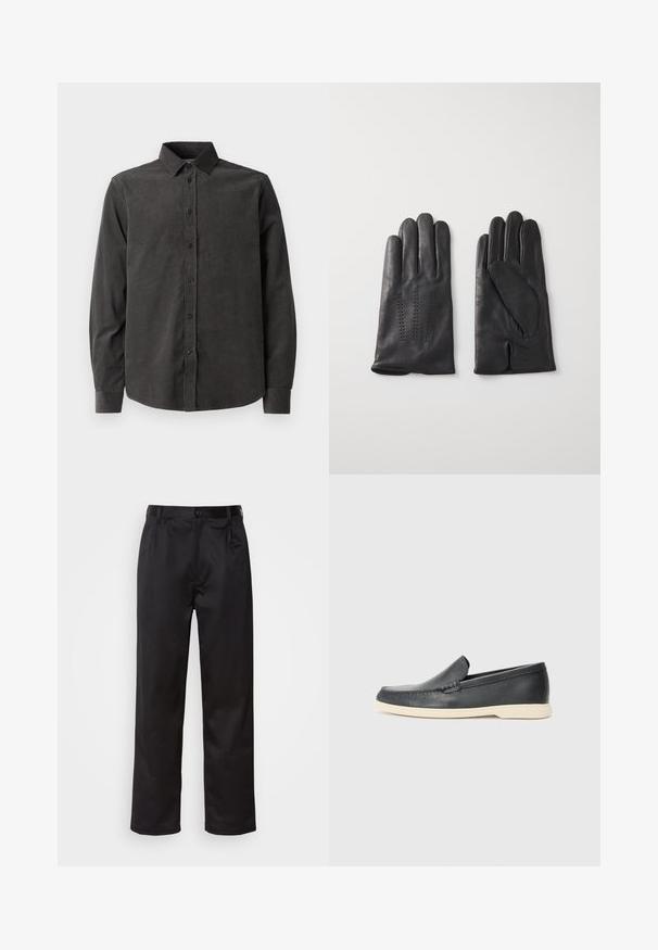 Samsøe Samsøe LIAM SHIRT - Chemise - anthracite; Pantalon noir en tissu lisse, avec une fermeture à bouton sur le devant, des plis et des jambes droites. Aucun motif ou accent visible.; Mocassins noirs en cuir à enfiler avec une finition texturée et une semelle en caoutchouc beige contrastante. Présente un accent subtil sur le devant.; Gants en cuir noir à cinq doigts, avec des coutures décoratives. L'intérieur est doublé d'un tissu doux et présente un design avec un doigt index ouvert.