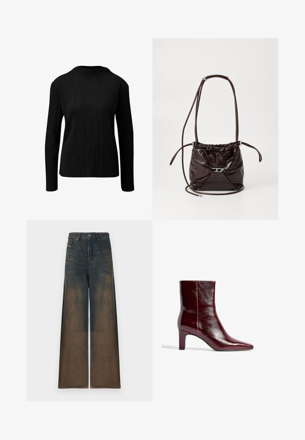 s.Oliver BLACK LABEL PLISSIERTES - Bluse - schwarz; Weite Jeans in dunklem Denim, mit einem Farbverlauf von Dunkel- zu Hellbraun, im klassischen Five-Pocket-Design und metallischem Knopfverschluss.; Burgunderfarbene Leder-Ankle-Boots mit spitzem Zeh, schlankem Design und mittelhohem Blockabsatz. Glatte Oberfläche und minimale Nahtdetails.; Dunkelbraune, glänzende Ledertasche mit gerafft oben und dünnem, verstellbarem Tragegurt, ausgestattet mit einem kleinen silberfarbenen Verschlussdetail auf der Vorderseite.