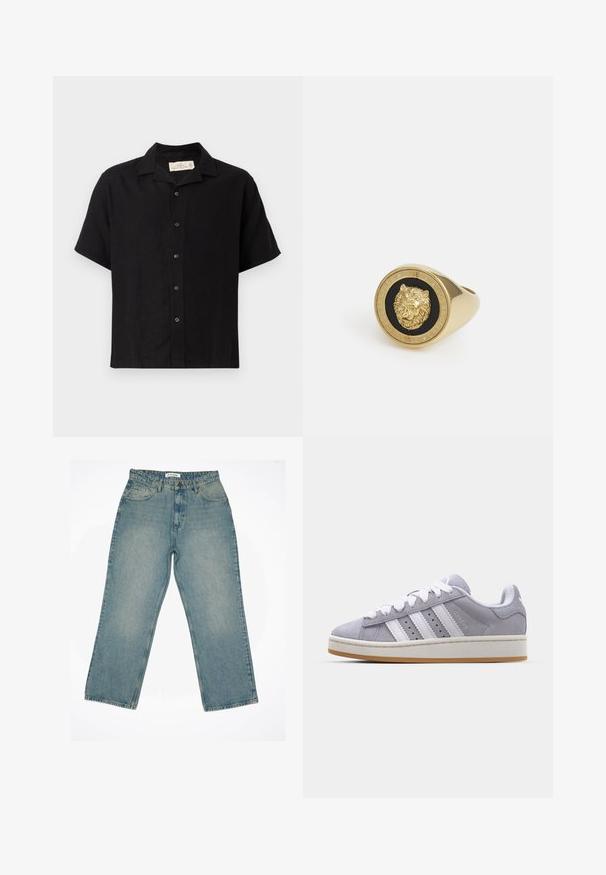 Zwarte kortärmige shirt van een linnenmix, met een gespreide kraag, knoopsluiting aan de voorkant en een ontspannen pasvorm. Zachte textuur, minimalistisch ontwerp.; Witte lange mouwen t-shirt gemaakt van katoen. Heeft een klassieke ronde halslijn en verlaagde schoudernaden, met een gladde, effen textuur.; Lichtblauwe denim jeans met een hoge taille en een wijde pasvorm. Heeft voorzakken, een rits en zichtbare stiksel-details.; Grijze suede sneakers met witte strepen, ronde neus en rubberen zool. Heeft perforaties aan de zijkant en een getextureerde hiel tab.; Gouden ring met een verhoogd leeuwmotief op een zwarte achtergrond, omringd door een circulaire band met de gegraveerde merknaam.