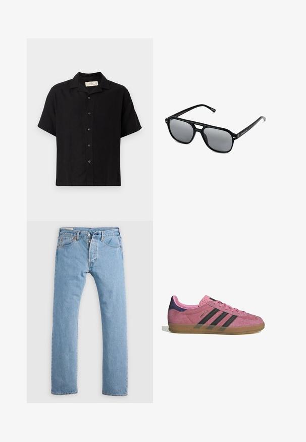 Schwarzes kurzärmliges Hemd aus einem Leinen-Mix, mit Kentkragen, Knopfverschluss vorne und einer lässigen Passform. Weiche Textur, minimalistisches Design.; Weiße Baumwoll-Tanktops, ärmelloses Design, runder Ausschnitt, schlichte Textur, aus einem weichen, leichten Stoff. Zwei Stücke ausgestellt.; Hellblaue gerade geschnittene Jeans aus Denim mit Knopfverschluss, Gürtelschlaufen sowie Vorder- und Hintertaschen, auf einem weißen Hintergrund präsentiert.; Rosa Wildleder-Sneaker mit schwarzen Streifen, Gummisohle und strukturiertem lila Fersenbereich. Verfügt über ein Schnürdesign und geprägte Markenkennzeichnung an der Seite.; Schwarze Sonnenbrille mit rechteckigen Rahmen, grauen getönten Gläsern und einer Aussparung im Nasensteg. Schlanker, glänzender Kunststoff, mit schmalen Bügeln.