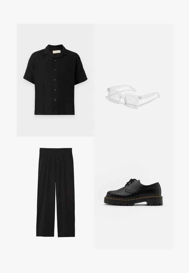 Fekete, rövidujjú, len keverékből készült ing, széles gallérral, elöl gombos záródással és laza szabással. Puha tapintás, minimalista dizájn.; Fekete, bőszárú nadrág, pliszírozott elülső résszel, oldalsó zsebekkel és sima szövettextúrával. Lazább, kényelmes szabású.; Fekete bőr, fűzős cipő lekerekített orral, texturált gumitalppal és sárga varrással az alján. Lapos design és sima felület.; Átlátszó, téglalap alakú napszemüveg, vastag műanyag kerettel, enyhén tónusozott lencsékkel, kiegészítő minták vagy díszítések nélkül.