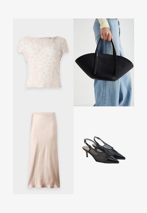 Kanttop in lichtbeige, met bloemapplicaties over de stof, korte mouwen en een ronde halslijn. Gelaagd en delicate ontwerp.; Satin midi-jurk in lichtbeige, met een aansluitende taille, een zachte textuur en een uitlopende zoom, zonder zichtbare versieringen of zakken.; Zwarte slingback hakken met een puntige neus, mesh bovenkant en glanzende puntneus. Voorzien van een dunne hak en een verstelbare enkelriem.; Zwarte leren handtas met een unieke waaier vorm, voorzien van platte handvatten. Het oppervlak heeft een gewelfde textuur en een minimalistisch ontwerp.