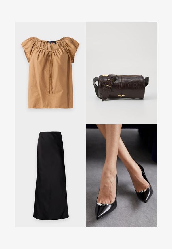 Top marrone a maniche corte in tessuto leggero. Presenta un colletto arricciato con un dettaglio a fiocco. Tessuto liscio con una vestibilità rilassata.; Norma Kamali BIAS OBIE SKIRT - Gonna lunga - black; Scarpe nere in pelle con tacco alto, punta affilata e design aperto, caratterizzate da un accento decorativo in argento. Texture liscia con finitura lucida.; Borsa in pelle stampata a coccodrillo marrone con forma cilindrica, accessori in tonalità oro e una tracolla staccabile con borchie.