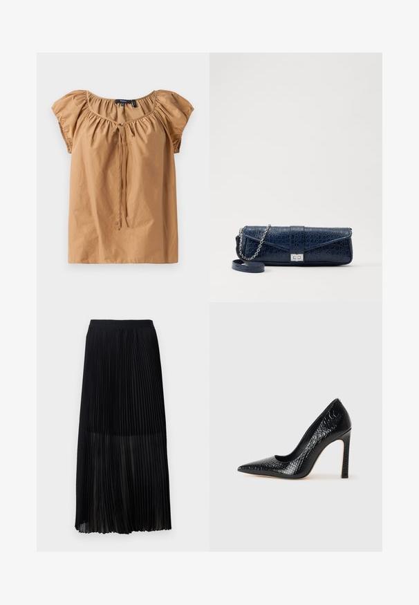 Ruskea, lyhythihainen paita kevyestä kankaasta. Siinä on kerätty kaula-aukko, jossa on nauhakiinnitys. Sujuva pinta ja rento istuvuus.; Mustan laskostetun midihameen, jossa on sileä, joustava vyötärönauha ja läpikuultava päällyskangas, jossa on hienoja pystylaskoksia koko kankaan ajan.; Musta kapea nilkkakorkokenkä krokotiilin nahkakuviolla, joka on varustettu tyylikkäällä muotoilulla, korkealla stiletto-korkealla ja sileällä mustalla sisäosalla.; Navy sininen nahkakukkarokotelo, jossa on krokotiilinumero, hopeaketjuolkapanta ja metallilukko. Suorakulmainen muoto taitettavalla designilla.