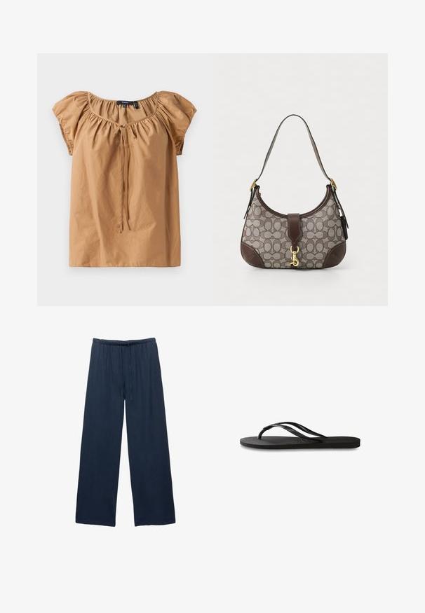 Brown, short-sleeve top in lightweight fabric. Features a gathered neckline with a tie detail. Smooth texture with a relaxed fit.; Navy wide-leg pants made from a soft fabric, featuring an elastic waistband with a drawstring for adjustable fit.; Black flip-flop featuring a textured rubber sole, two slender straps, and a subtle, embossed logo detail on the strap.; COACH HAMPTONS HOBO BAG IN SIGNATURE JACQUARD - Handbag - oak maple