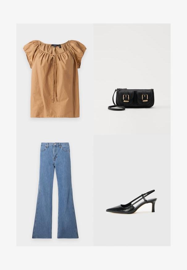 Haut marron à manches courtes en tissu léger. Doté d'un col froncé avec un détail à nouer. Texture lisse avec une coupe décontractée.; Jean évasé en denim bleu clair avec une taille haute, présentant un design classique à cinq poches et une couture contrastante le long des coutures.; Escarpin slingback en vernis noir avec un bout pointu, présentant un imprimé serpent texturé, une sangle réglable et un petit talon bloc texturé.; Sac en cuir noir porté en travers avec deux poches avant, boucles dorées, fermeture zippée et une sangle fine. Surface texturée et forme rectangulaire compacte.