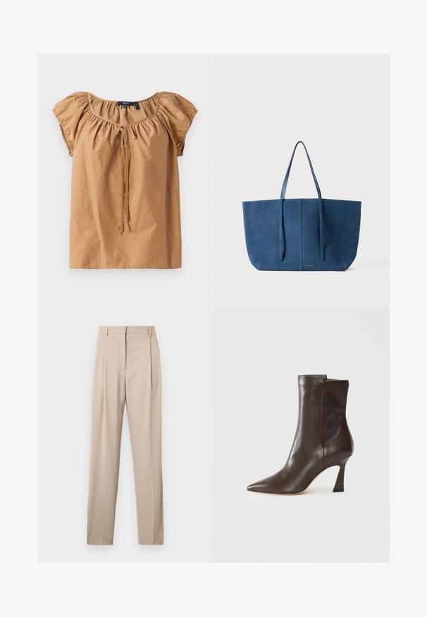 Haut marron à manches courtes en tissu léger. Doté d'un col froncé avec un détail à nouer. Texture lisse avec une coupe décontractée.; Pantalons beiges ajustés à jambes droites, avec des plis à l'avant et des passants de ceinture, fabriqués dans un tissu lisse.; Botte mi-mollet en cuir marron foncé avec un bout pointu, un talon fin incurvé et une finition lisse sur fond blanc.; Sac fourre-tout en suède bleu avec deux longues poignées, de forme rectangulaire, texture lisse, design minimaliste, arborant un logo subtil à l'avant.