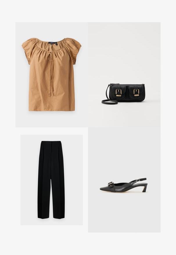 Top marrón de manga corta en tejido ligero. Con cuello fruncido y detalle de lazo. Textura suave con un ajuste holgado.; Pantalones de pierna ancha negros con cintura alta, que presentan pliegues y una textura suave. El tejido parece ligero y se drapea de forma elegante.; Zapato slingback de cuero negro con punta afilada, tacón pequeño y detalle de hebilla decorativa en la parte superior. Textura suave, diseño minimalista.; Bolso cruzado de cuero negro con dos bolsillos frontales, hebillas doradas, cierre de cremallera y una correa delgada. Superficie texturizada y forma rectangular compacta.