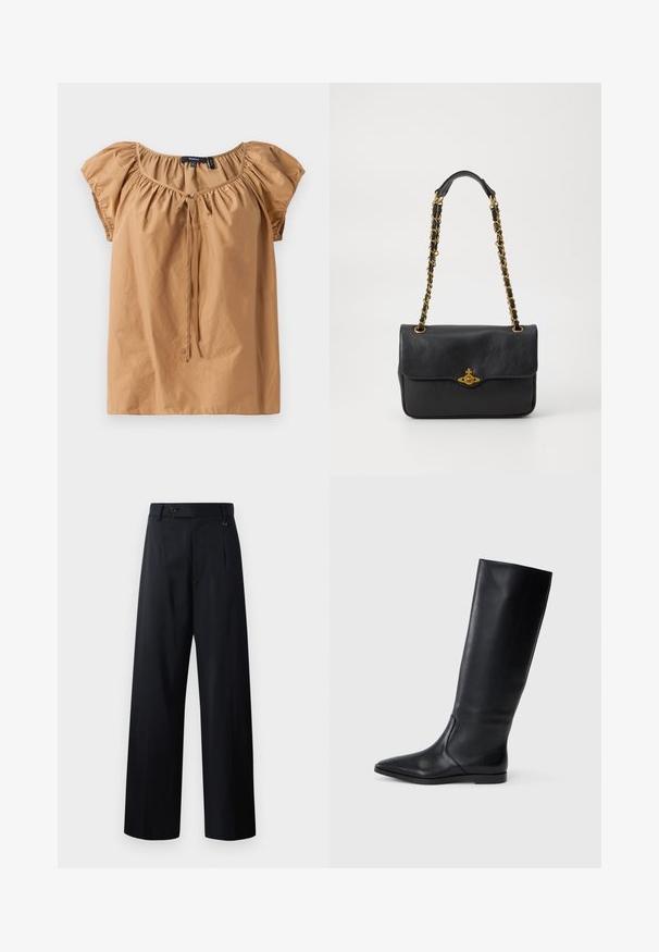 Braunes, kurzärmeliges Top aus leichtem Stoff. Hat einen gerafften Ausschnitt mit einem Bindedetail. Glatte Textur mit lockerer Passform.; Weite Hose in dunklem Marineblau mit Knopfverschluss, vorderen Falten und glattem Stoff, der ein sauberes, maßgeschneidertes Design bietet.; Schwarze Lederstiefel bis zum Knie mit spitzer Zehe und minimalistischem Design. Glatte Textur und flache Sohle, mit dezenten seitlichen Steppnähten.; Schwarze Ledertasche mit einer umklappbaren Klappe, goldfarbenem Kettenriemen und Logohardware-Detail auf der Vorderseite. Glatte Textur.