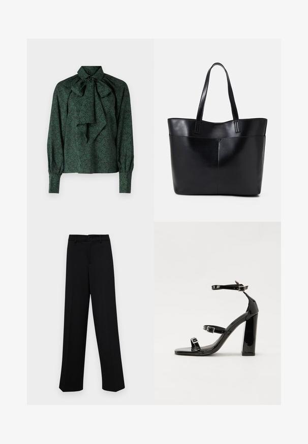 Green blouse made of soft fabric featuring a floral pattern, a tied collar, and gathered sleeves with fitted cuffs.; Black wide-leg trousers made of smooth fabric, featuring a classic waistband with a button closure and front pleats.; Black patent high-heeled sandals with two buckle straps, square toe, and a chunky block heel, featuring a smooth, glossy texture.; Black leather tote bag with two long handles, a smooth texture, and a structured shape. Features a front pocket for additional storage.