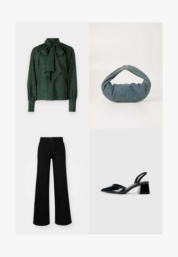 Blusa verde in tessuto morbido con motivo floreale, colletto annodato e maniche arricciate con polsini aderenti.; Pantaloni neri a gamba larga in denim, con una vita strutturata, passanti per la cintura e tasche frontali. Texture liscia con un design classico.; Décolleté in vernice nera con punta affusolata e tacco in geometria cubica. Presentano un design elegante e minimalista, con una texture liscia.; Borsa in denim blu con una forma arrotondata e imbottita e una maniglia curva. La texture è morbida, con cuciture visibili e una finitura liscia.