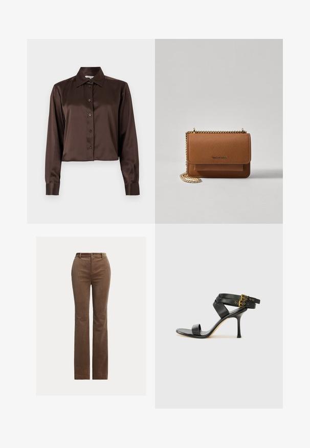 Brown satin long-sleeve shirt with a pointed collar and front button closure. Cropped design and smooth texture.; Brown corduroy trousers with a straight-leg design, featuring belt loops, front pockets, and subtle vertical ribbing for texture.; Black heeled sandal with crossed straps and adjustable buckle. Features a smooth texture and tapered stiletto heel.; Brown textured leather crossbody bag with gold chain strap and flap closure. Front features logo detail and a pocket under the flap.
