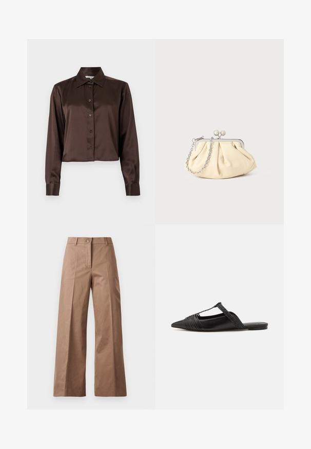 Braunes Satin-Langarmhemd mit spitzem Kragen und durchgehender Knopfleiste vorne. Verkürztes Design und glatte Textur.; Braune weite Hose aus einem glatten Stoff, mit einem Knopfverschluss vorne, zwei Fronttaschen und klaren, maßgeschneiderten Linien.; Schwarzer Leder-Slingback-Schuh mit spitzem Zehenbereich, ausgestattet mit einem geflochtenen Akzent und einem gefalteten Oberdesign. Flache Sohle mit minimalem Zubehör.; Faltige beigefarbene Ledertasche mit einem silbernen Metallrahmen, ausgestattet mit zwei runden dekorativen Verschlüssen und einem silbernen Kettenriemen.
