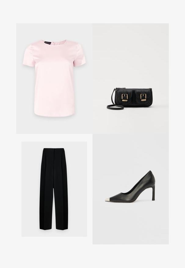 Kortermet topp i lys rosa satengmateriale med rund hals og en subtil glidelås bak. Glatt tekstur og litt tilpasset passform.; Svart vide bukser med høy livhøyde, med folder og en glatt tekstur. Stoffet virker lett og faller elegant.; Svart lærsko med høye hæler, spiss tå og metallisk sølvhette. Har en glatt finish og en slank hæl på 10 cm.; Svart skinn crossbody veske med to frontlommer, gyldne spenner, glidelåslukking og en slank stropp. Teksturert overflate og kompakt rektangulær form.