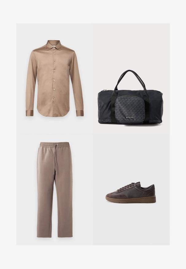 Pal Zileri CAMICIA - Košile - brown; Hnědé, středně vysoké tepláky vyrobené z měkké látky, s elastickým pasem na šňůrku, bočními kapsami a rovnými nohavicemi.; Hnědé kožené tenisky se semišovými akcenty, texturovaným povrchem, kulatou špičkou a plochou hnědou gumovou podrážkou. Šest dírek a šněrování.; Černá taška Michael Kors ve tvaru duffel s dvojitými uchy, přední kapsa na zip s opakujícím se vzorem loga MK a brandingem Michael Kors.