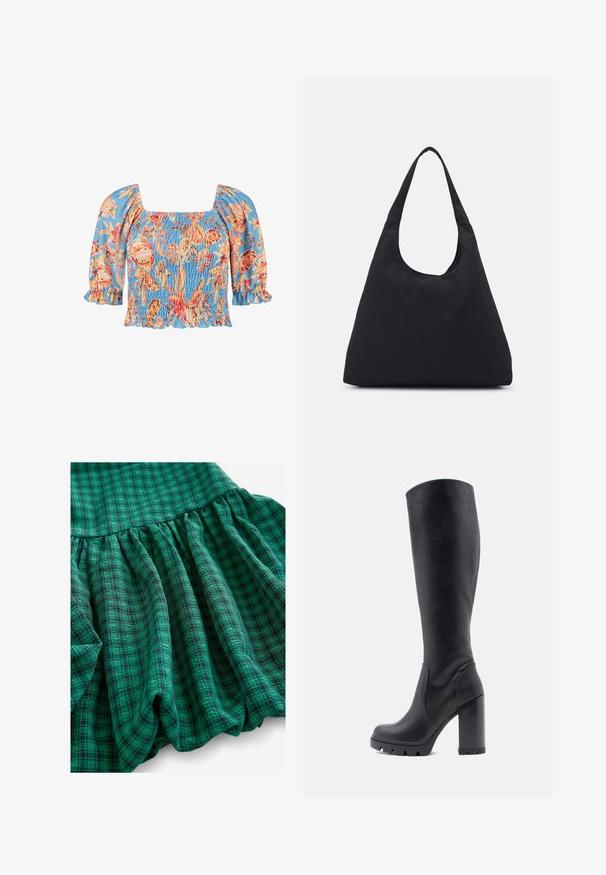 Világos kék szövetből készült smockolt blúz, narancssárga és rózsaszín virágmintákkal. Puffos ujjak és négyzet alakú, fodros szélekkel ellátott nyakrésze van.; Zöld kockás szövet változó árnyalatokkal, gyűrt textúrával és fodros szegéllyel. Az anyag szellősnek és könnyűnek tűnik.; Fekete, térdig érő csizma, sima bőrből készült, vastag sarkú, kerek orrú, tapadóval ellátott, textúrált talppal, letisztult dizájn, díszítések nélkül.; Fekete szövet táska egyetlen, széles vállpánttal. Puha, félstruktúrált forma és sima textúra; minimális dizájn, látható fémalkatrészek nélkül.