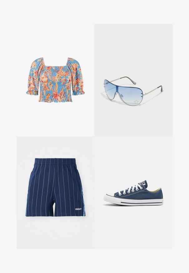 Smokovaná blůza z světle modré látky s květinovými vzory v oranžové a růžové. Má balónové rukávy a čtvercový výstřih s nabíranými okraji.; Námořnické modré šortky s bílými proužky, elastickým pasem a logem Adidas. Mají modré akcenty po stranách a jsou vyrobeny ze směsi bavlny.; Plátěné tenisky v námořnické modři s bílými očky a tkaničkami, s bílým gumovým špičkou a černým pruhem podél podešve.; Pilotské sluneční brýle s modrými gradientními skly, stříbrným kovovým rámem a dekorativními hvězdnými akcenty na sklech. Hladký a elegantní design.