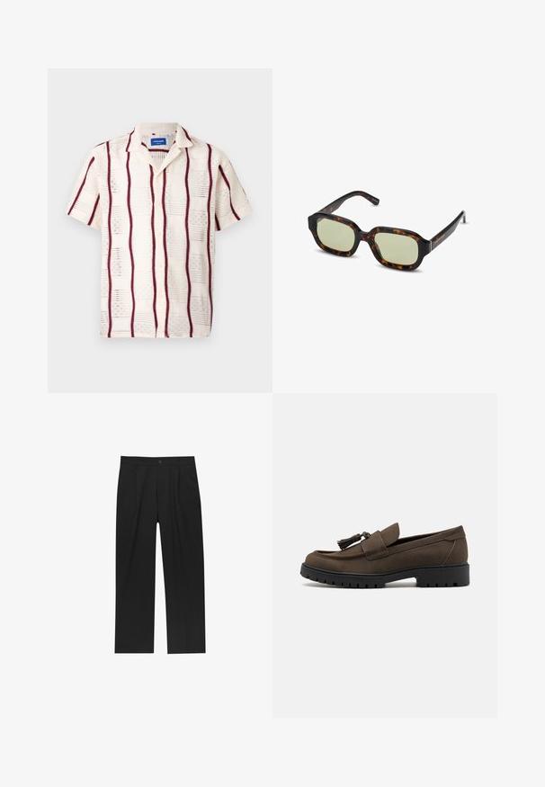 Chemise à manches courtes de couleur crème avec des rayures verticales bordeaux et un motif brodé. Boutonnage sur le devant et col à encoches.; T-shirt noir à manches courtes en coton. Encolure ronde, coupe décontractée, texture lisse, sans motifs ni graphiques visibles.; Pantalons noirs au design droit, fabriqués à partir d'un tissu lisse. Dotés de plis sur le devant et d'une fermeture à un bouton à la taille.; Mocassins en daim brun avec une tige lisse, un bout arrondi et un noeud décoratif. Dotés d'une semelle en caoutchouc noire robuste pour une bonne adhérence.; Lunettes de soleil en écaille de tortue avec des verres teintés de vert, de forme rectangulaire, avec des montures larges et une finition lisse. Accents sur les branches.