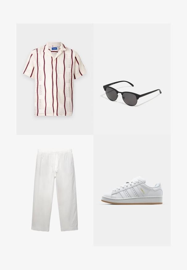 Kratka rokava, kremna srajca z borgundskimi vertikalnimi črtami in vezenim vzorcem. Spredaj z gumbi in ovratnikom z izrezom.; Bela bombažna majica s kratkimi rokavi, okroglo izrezana in udobnega kroja. Gladka tekstura brez vidnih vzorcev ali dekoracij.; Bela lanena hlača z elastičnim pasom in vrvico, širokega kroja in čistimi šivi. Gladka tekstura s sproščenim krojem.; Bela teniska z perforirano trojno črto, teksturiranimi detajli, gumijastim podplatom in zlatim logotipom "CAMPUS" na strani.; Črne sončna očala z okroglimi lečami, mat površino in značilno obliko mačjih oči. Tanke nogice z diskretnim logotipom na levem templju.