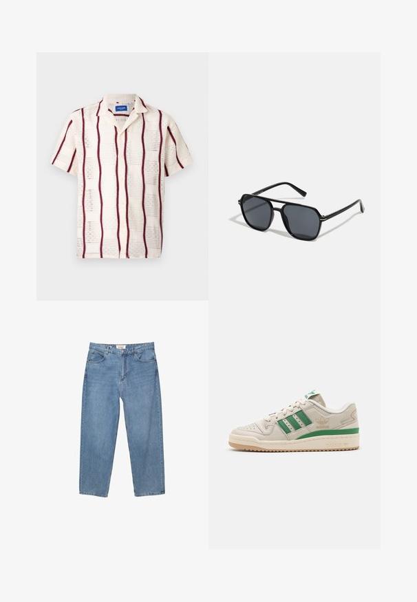 Kurzärmliges, cremefarbenes Hemd mit burgunderfarbenen vertikalen Streifen und gesticktem Muster. Knopfleiste und Koller.; Hellblaue Denim-Jeans mit geradem Schnitt, Fünf-Taschen-Design und einem sichtbaren Markenlabel am Bund.; Adidas-Sneaker mit einem Obermaterial aus beigem Leder, grünen Streifen und einer Gummisohle. Verfügt über einen gepolsterten Kragen und eine perforierte Zehenpartie für Atmungsaktivität.; Schwarze Sonnenbrille mit achteckigem Rahmen, dunklen Gläsern, glänzender Oberfläche, dünnen Bügeln und goldenen Akzenten auf der Vorderseite.
