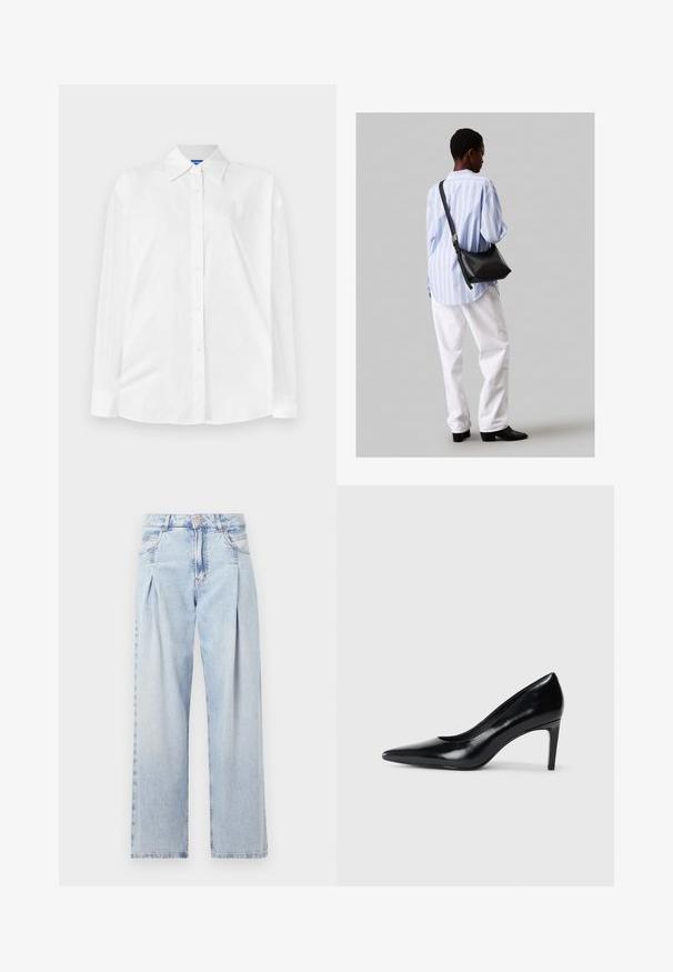 Balta pogāmā krekls ar klasisku apkakli, garām piedurknēm un smalku tonālu rakstu visā virsmā. Gluda kokvilnas audumu ar brīvu piegriezumu.; Gaiši zilas džinsu bikses ar augstu jostasvietu, plats kāju griezumu, divām sānu kabatām un krokotā dizaina akcentiem. Mīksta tekstūra ar izdilušu apdari.; Melnas ādas augstpapēžu kurpes ar norādītu purngali, gludu tekstūru un šauru papēdi. Minimālistisks dizains, bez papildu rotājumiem.; Melna ādas plecu soma ar mīkstu tekstūru, trīsstūra formu un regulējamu siksnu, apvienota ar gaiši zilu svītrotu krekli un baltām biksēm.