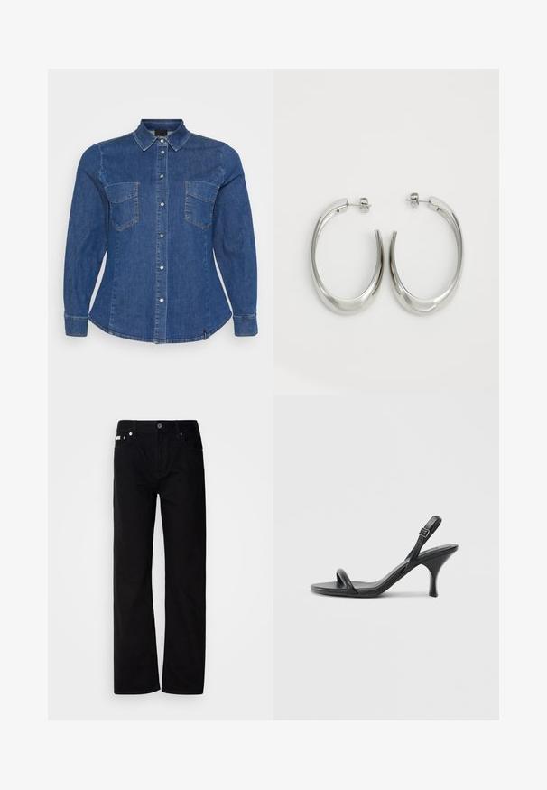 Denim shirt in dark blue, featuring long sleeves, a button-down front, two chest pockets, and visible stitching accents.; Black denim straight-leg pants with five pockets, silver rivets, and a button fly. The fabric has a smooth, slightly textured finish.; Black leather high-heeled sandals with a slim, curved heel and a crossed strap design. Adjustable ankle strap. Smooth texture.; Silver hoop earrings with a smooth, curved design. Features a shiny metallic finish and stud closure. No visible patterns or accents.